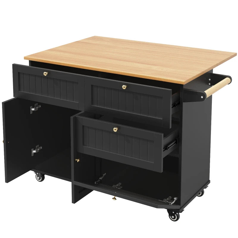 Rolling Mobile Kitchen Island Cart with Storage Drawer & Towel Rack, Drop Leaf Breakfast Bar, 121x70x88 cm, Black