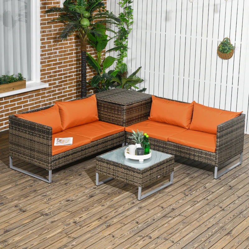 4-Piece Rattan Sofa Set with Storage Table - Orange/Brown