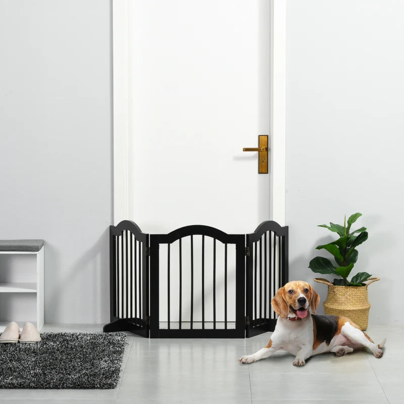 Freestanding Wooden Pet Gate - Foldable Dog Safety Barrier with Support Feet for Doorways & Stairs - Black