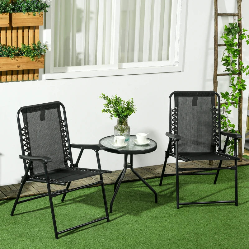Black Folding Outdoor Patio Chairs Set, 2 Pcs, Armrests, Steel Frame