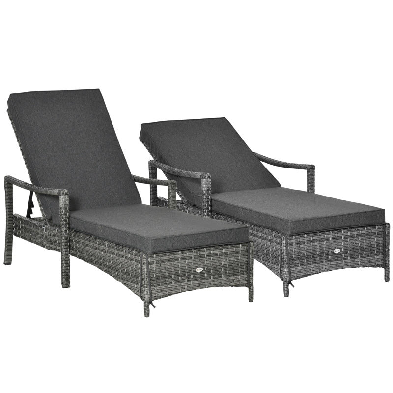 Grey Rattan Sun Loungers Set of 2 with Cushion
