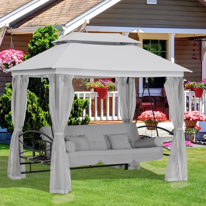 3 Seater Outdoor Swing Bed with Canopy, Cushioned Seat - Light Grey
