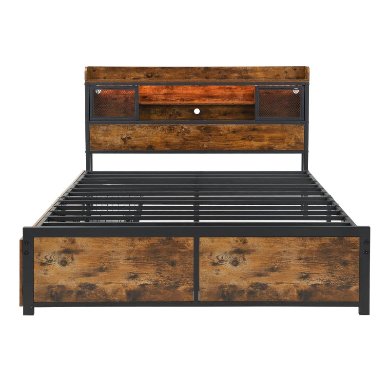 Metal Double Bed with LED Light Strip, USB Ports & 2 Drawers - Sturdy Iron Frame, Black, 207x135.5x83.5 cm
