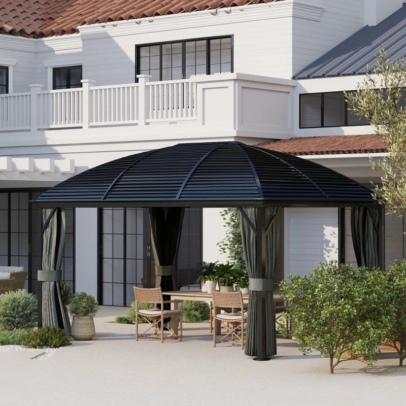 3m x 4m Hardtop Gazebo Canopy - Dark Grey Aluminium Pavilion with Metal Roof, Netting & Curtains