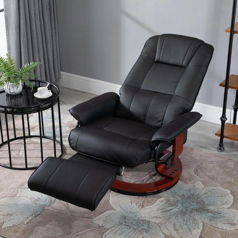 Manual Recliner Armchair with Faux Leather Upholstery and Wooden Base for Living Room or Bedroom, Black