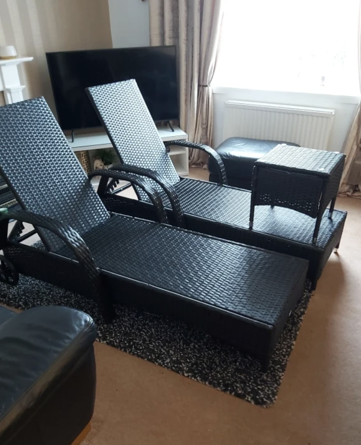 Brown Rattan Outdoor Recliner Set with Wheels and Cushions