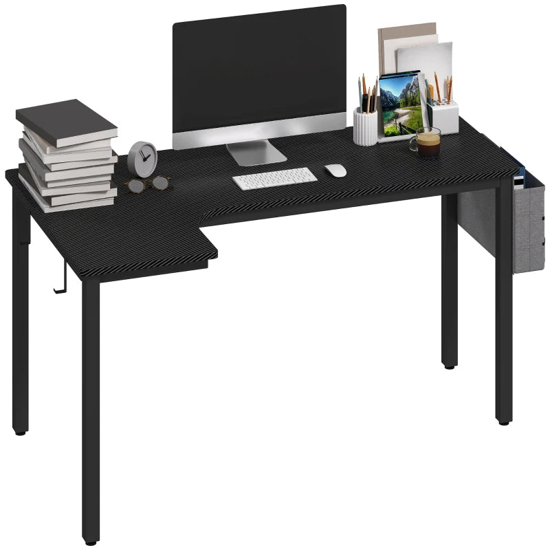 L-Shaped Gaming Desk with Fabric Bag, Hooks & Cable Management - 145x81x76cm - Stylish Black Computer Desk