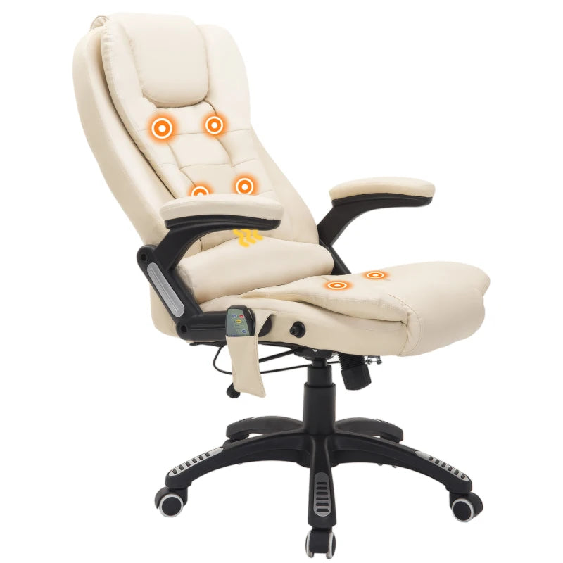 Beige 6-Point Massage Office Chair with Heated Seat - PU Leather High Back Executive Desk Chair, Adjustable Height & 360° Swivel