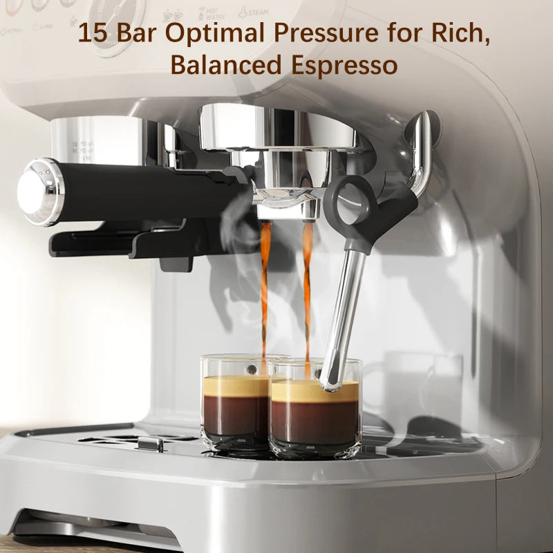 15 Bar Silver Coffee Machine with Adjustable Grind, Steamer & Accessories - Perfect for Espresso Lovers