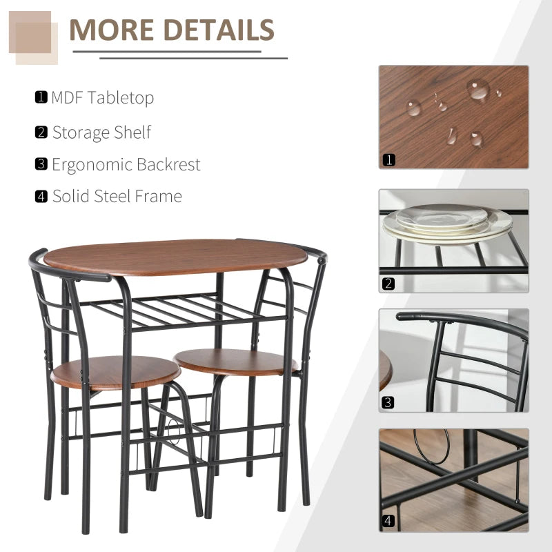 3 Piece Metal Frame Wood Top Dining Table Set with Storage Shelf and 2 Chairs for Breakfast Bar or Dining Room