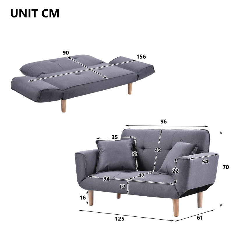 Expandable 2-Seater Bed Settee with 3 Adjustable Positions, Modern Fabric Loveseat for Flats and Dormitories, Grey
