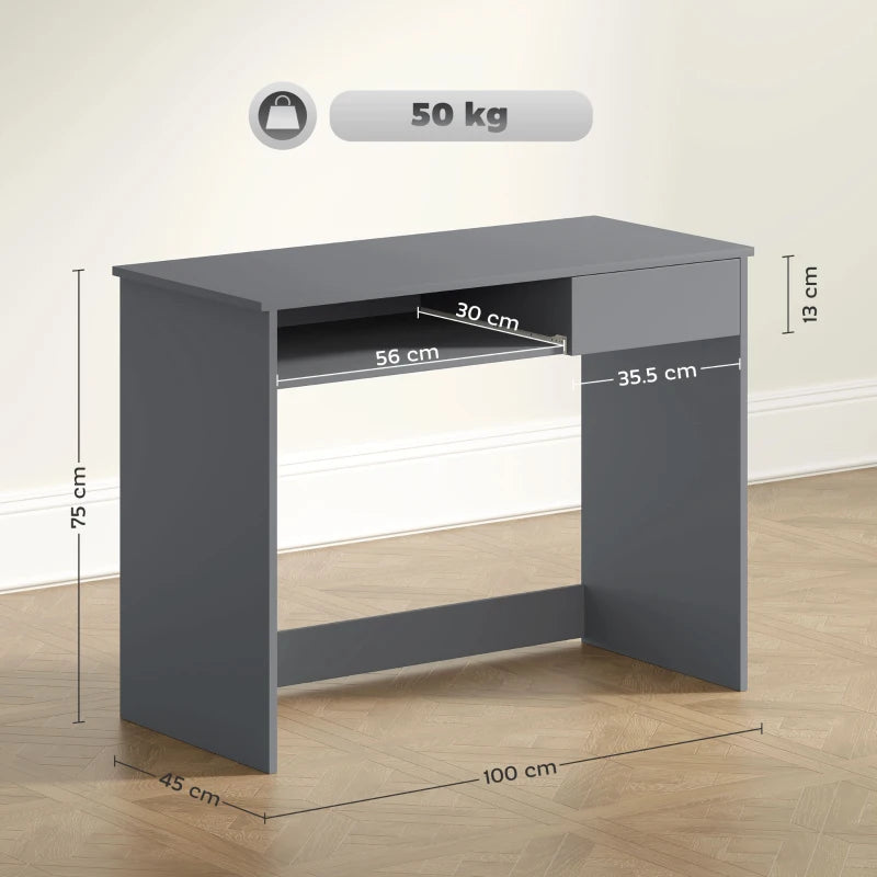 100cm Compact Computer Desk with Keyboard Tray & Drawer - Stylish Grey Home Office Desk for Bedroom Study