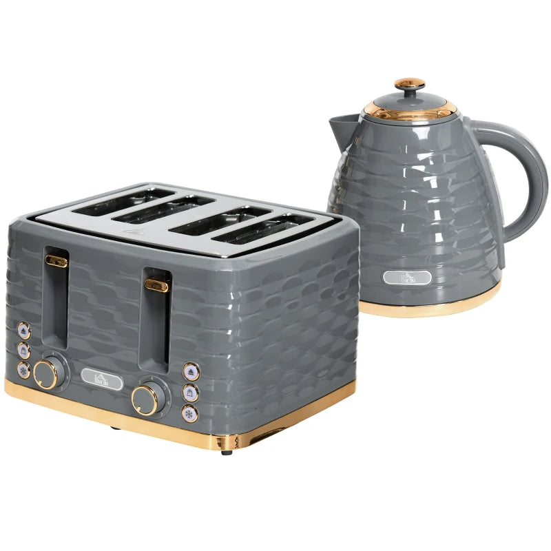 3000W Kettle & 4 Slice Toaster Set - 1.7L Rapid Boil, 7 Browning Controls, Defrost & Reheat, UK Otter Thermostat, Grey