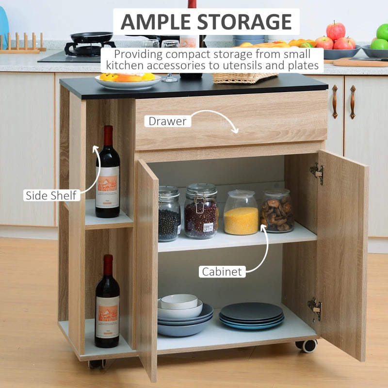 Rolling Kitchen Storage Trolley Cart with Locking Wheels, Cupboard, Shelves, Door & Drawer - Versatile Island Organizer