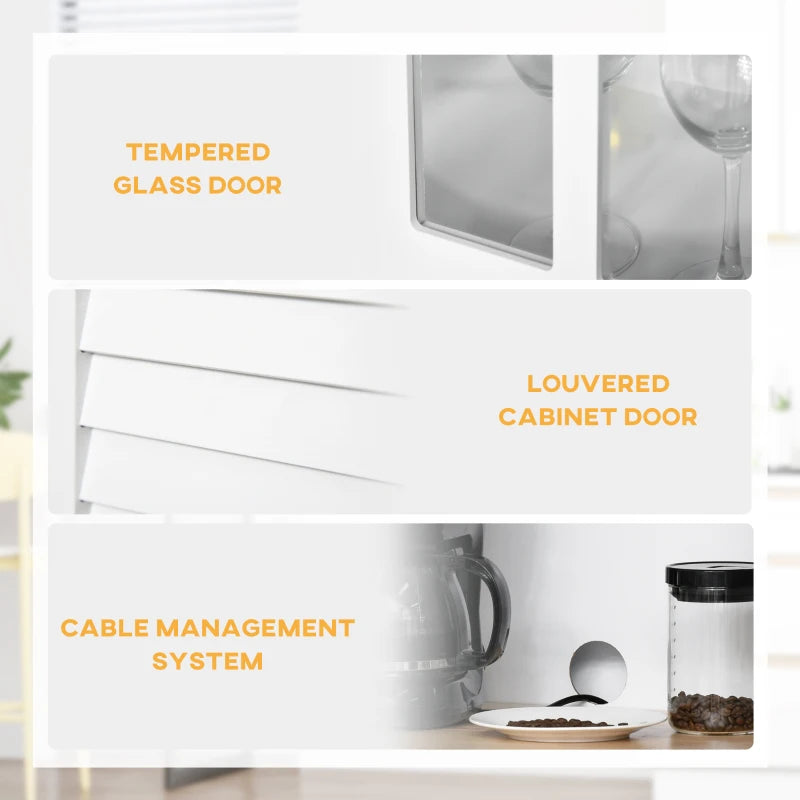 Modern Louvered Kitchen Cupboard - Stylish Storage Cabinet with Framed Glass Doors & 2 Drawers in White