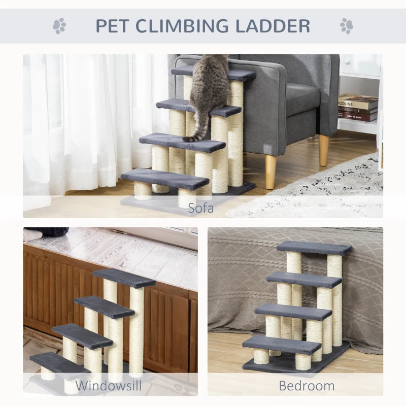4-Step Dog Steps for Bed - Pet Stairs & Cat Ladder - Grey Scratch Post Design for Easy Access