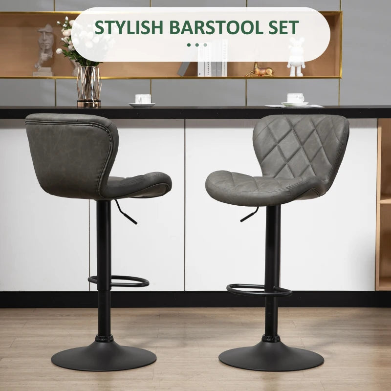 Set of 2 Dark Grey Swivel Bar Stools with Backrest & Footrest - Steel Frame, Diamond Pattern PU for Kitchen & Dining