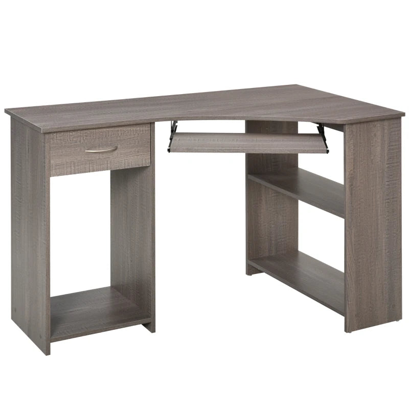 L-Shaped Corner Computer Desk with 2 Shelves, Keyboard Tray, Drawer & CPU Stand - Grey Home Office Furniture