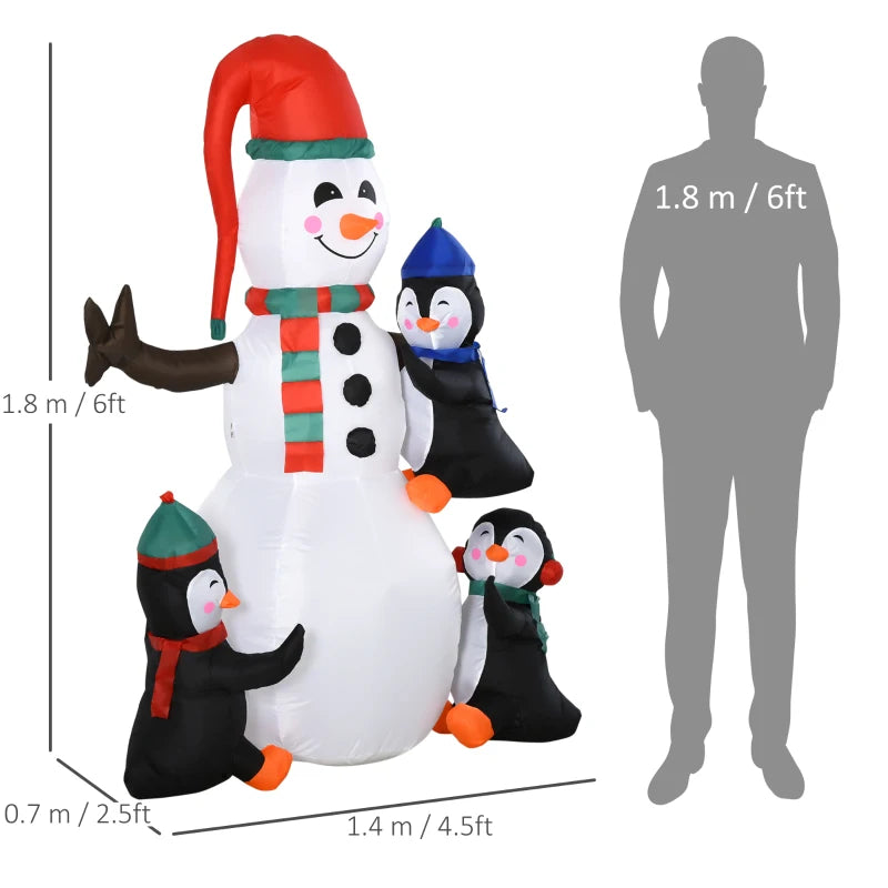 6ft Inflatable Christmas Snowman with 3 Penguins - LED Holiday Outdoor Yard Decoration for Festive Xmas Decor