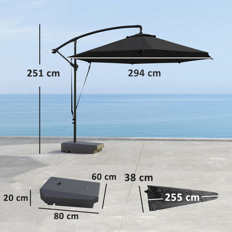 3m Grey Garden Cantilever Parasol with Fillable Base, Wind Protection Strap, Cover, Crank Handle & Tilt - UPF50+