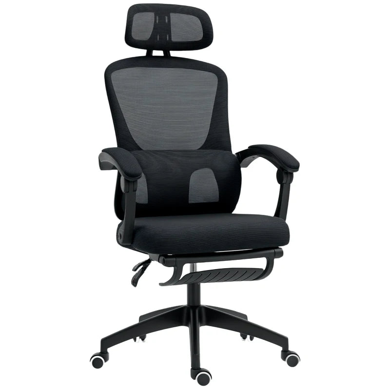 Ergonomic Mesh Office Chair with Adjustable Lumbar Support, Headrest & Footrest - Reclining Executive Swivel Desk Chair in Black