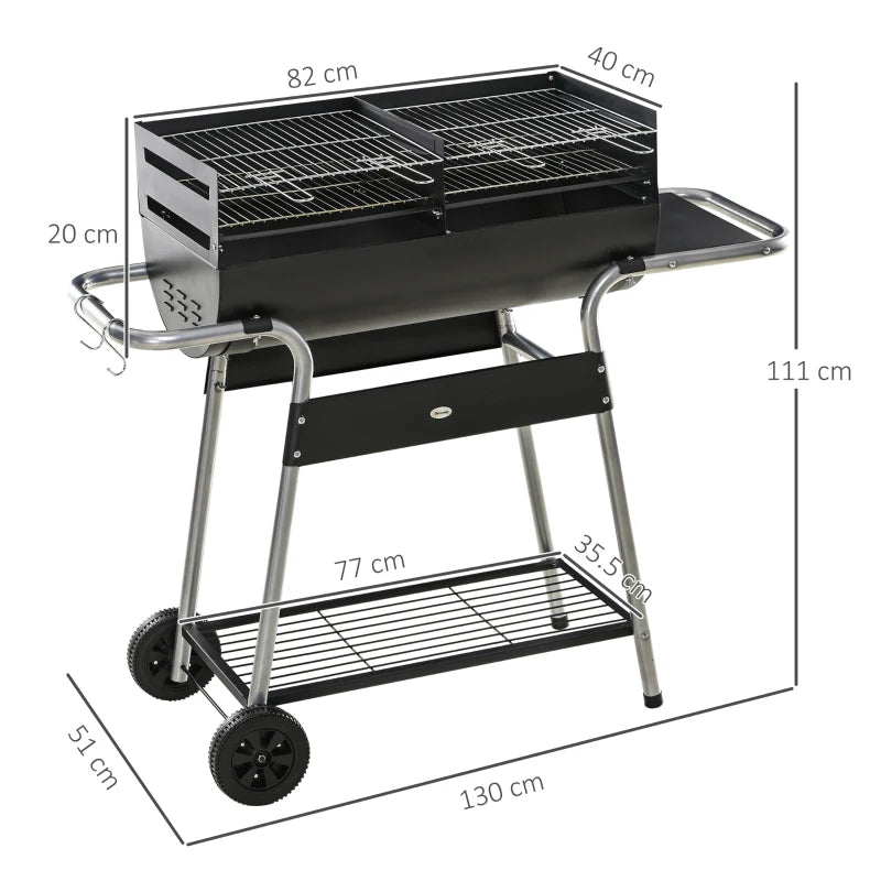 Charcoal BBQ Grill with Double Grill, Side Table, Storage Shelf, Wheels - Black