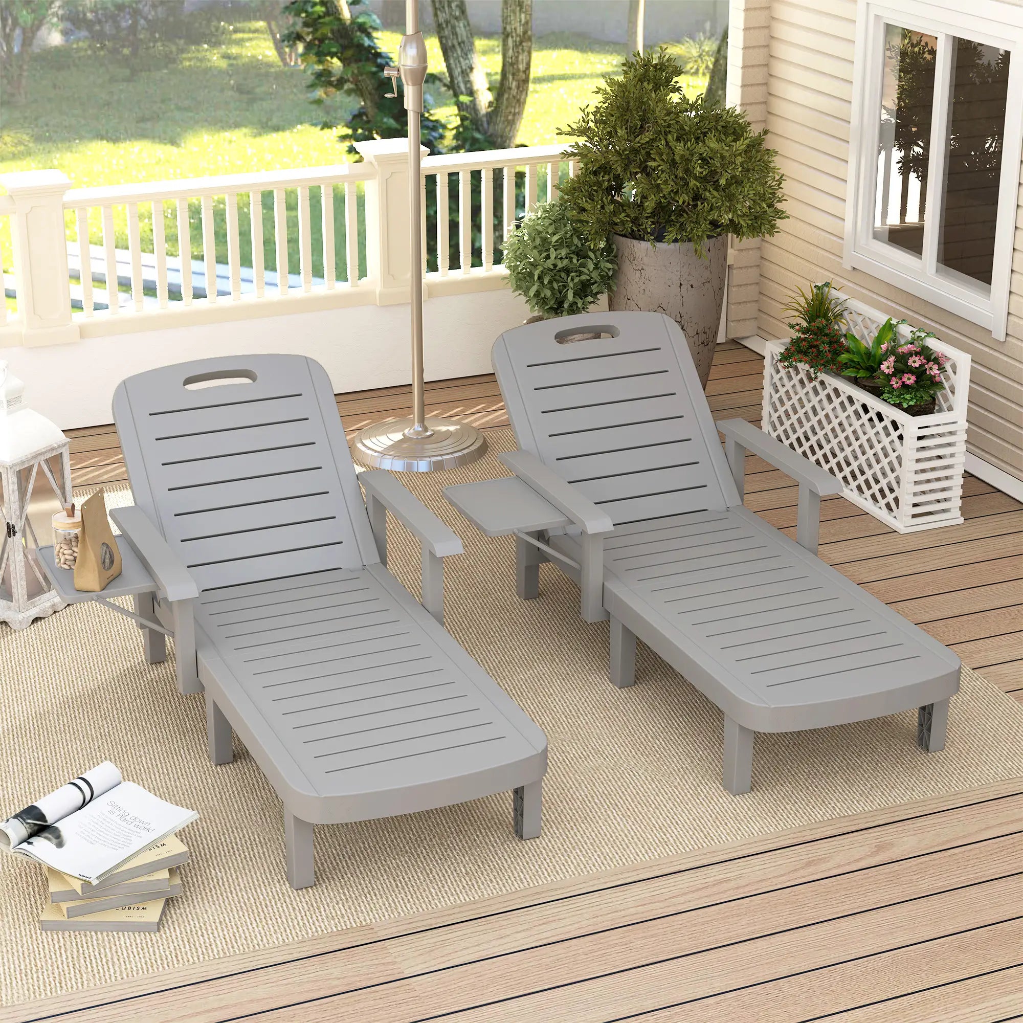 Light Grey Set of 2 Resin Reclining Sun Loungers for Garden - 5 Positions - Adjustable Outdoor Chaise Lounge Chairs
