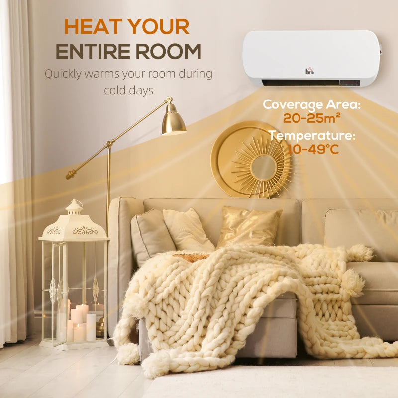 2000W Wall Mounted Ceramic Space Heater with Adjustable Temperature Range 10-49°C White