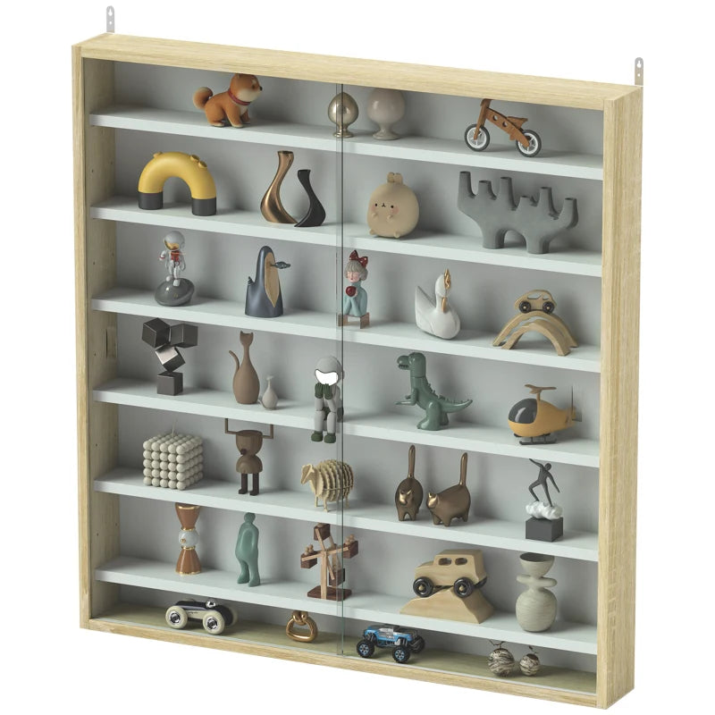7-Tier Oak Wall Display Shelf Unit with Glass Doors & 6 Adjustable Shelves for Home Office Ornaments - 83x80cm