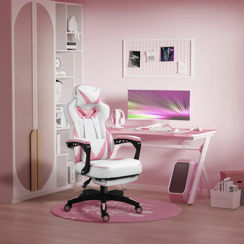 Vinsetto Pink Gaming Chair - Ergonomic Racing Desk Chair with Lumbar Support, Footrest, Headrest & Swivel Wheels for Home