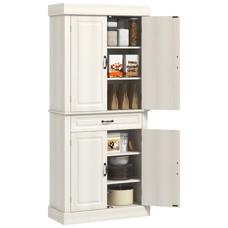 Stylish 180cm White Wood Grain Kitchen Cupboard - 4 Door Freestanding Storage Cabinet with Wide Drawer & Shelves for Living Room
