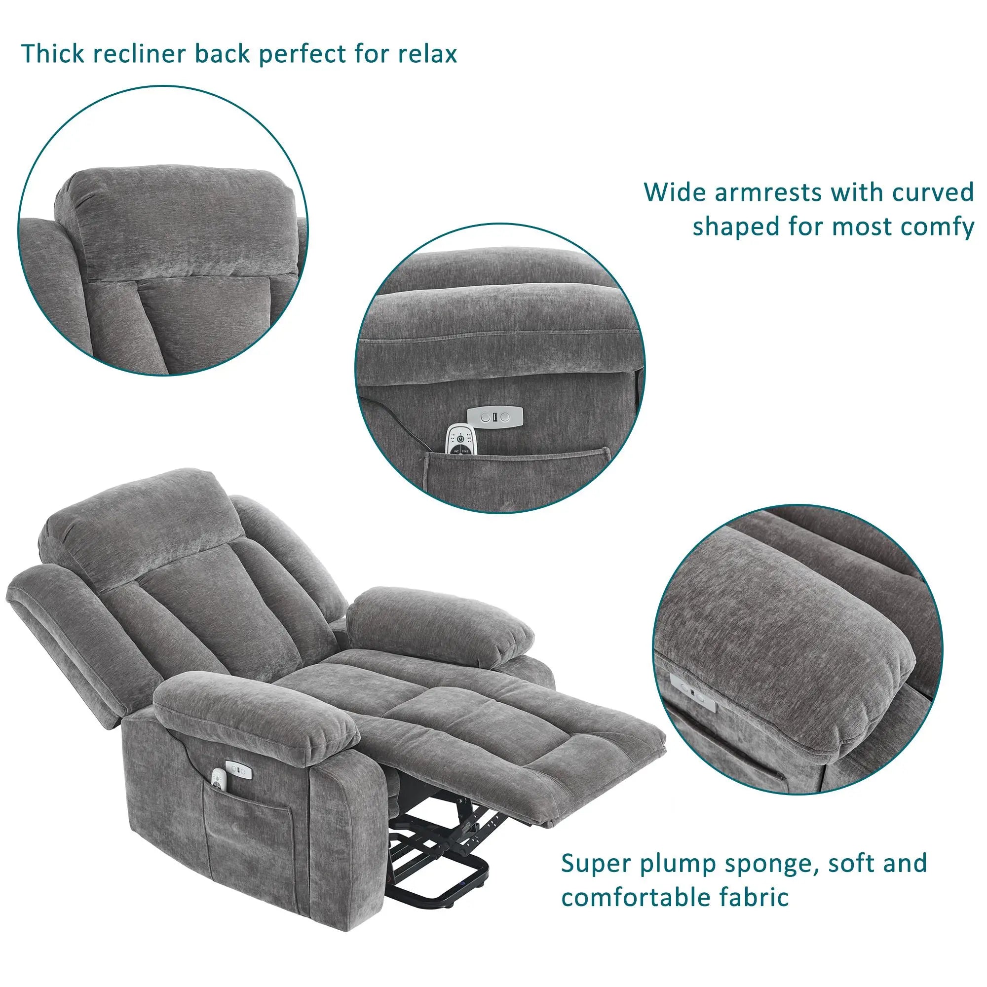 RelaxMax ProLift Electric Recliner – Heated Massage Chair with USB Ports, Storage Pocket & Easy Assembly, 95×94×107 cm, Grey