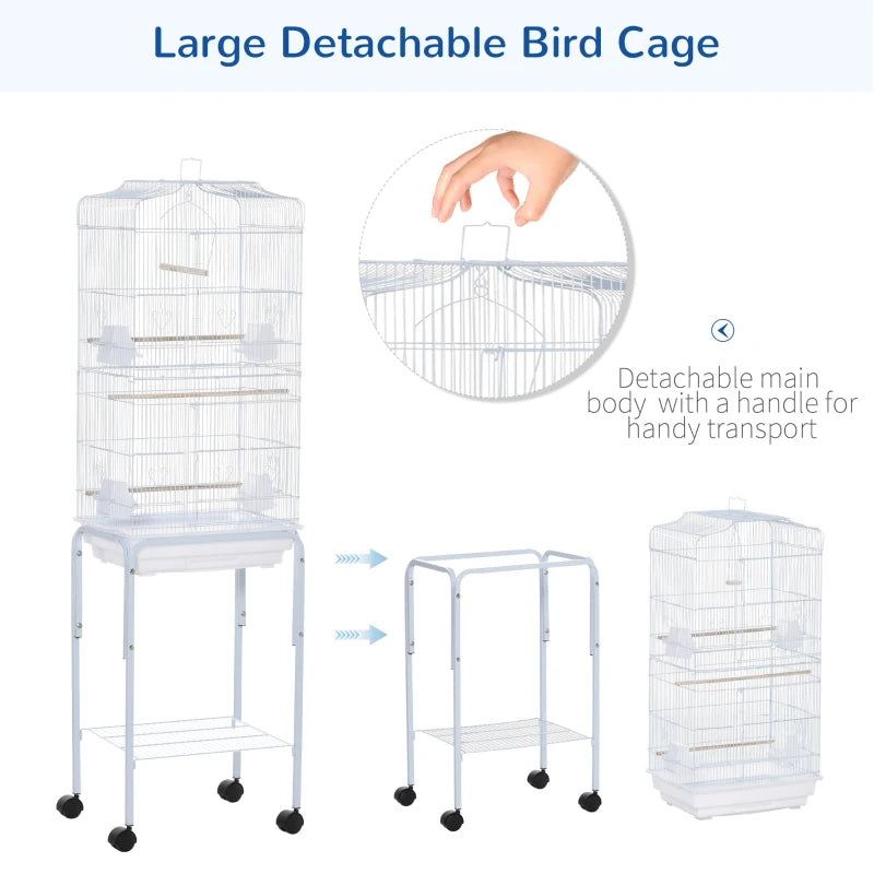 Premium Bird Cage for Budgies, Finches & Parakeets with Stand, Wheels, Slide-out Tray & Storage Shelf - White 46.5x36x157 cm