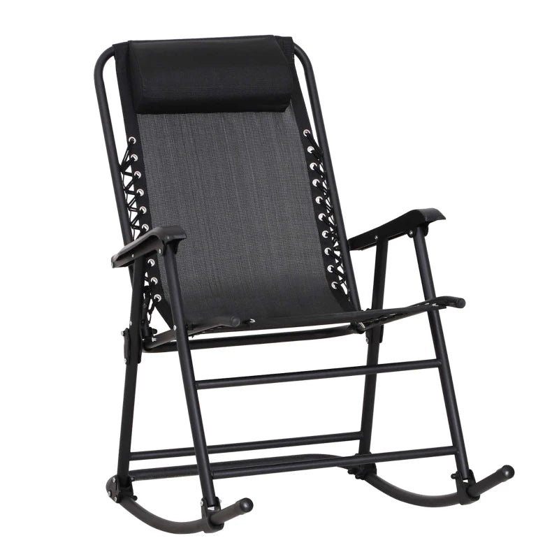Black Folding Rocking Chair with Headrest for Outdoor Use