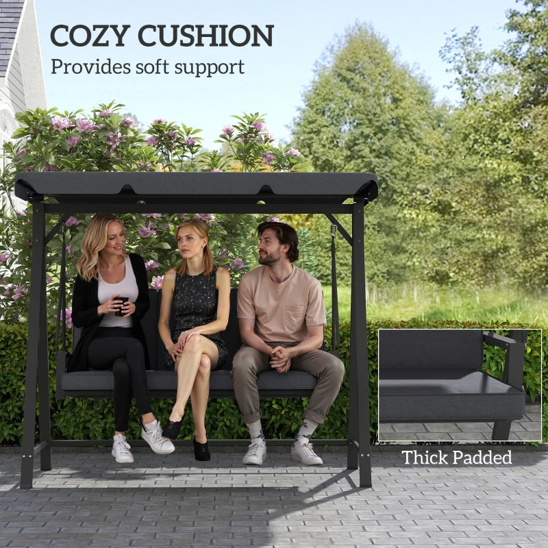 Dark Grey Three-Seater Garden Swing Bench with Adjustable Canopy for Outdoor Relaxation