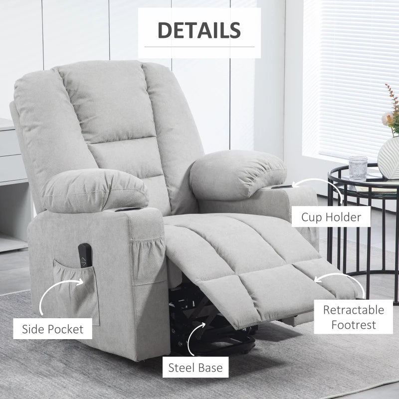 Oversized Riser Recliner Chair for Elderly - Fabric Lift Chair with Remote, Side Pockets, Cup Holder, Light Grey