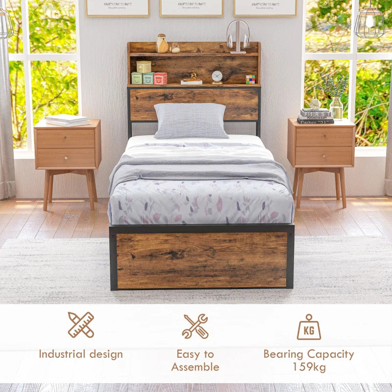 Industrial Single Bed Frame 3.1FT Steel Base with Storage Headboard & Footboard, Slatted Support, Rustic Brown 95x209cm