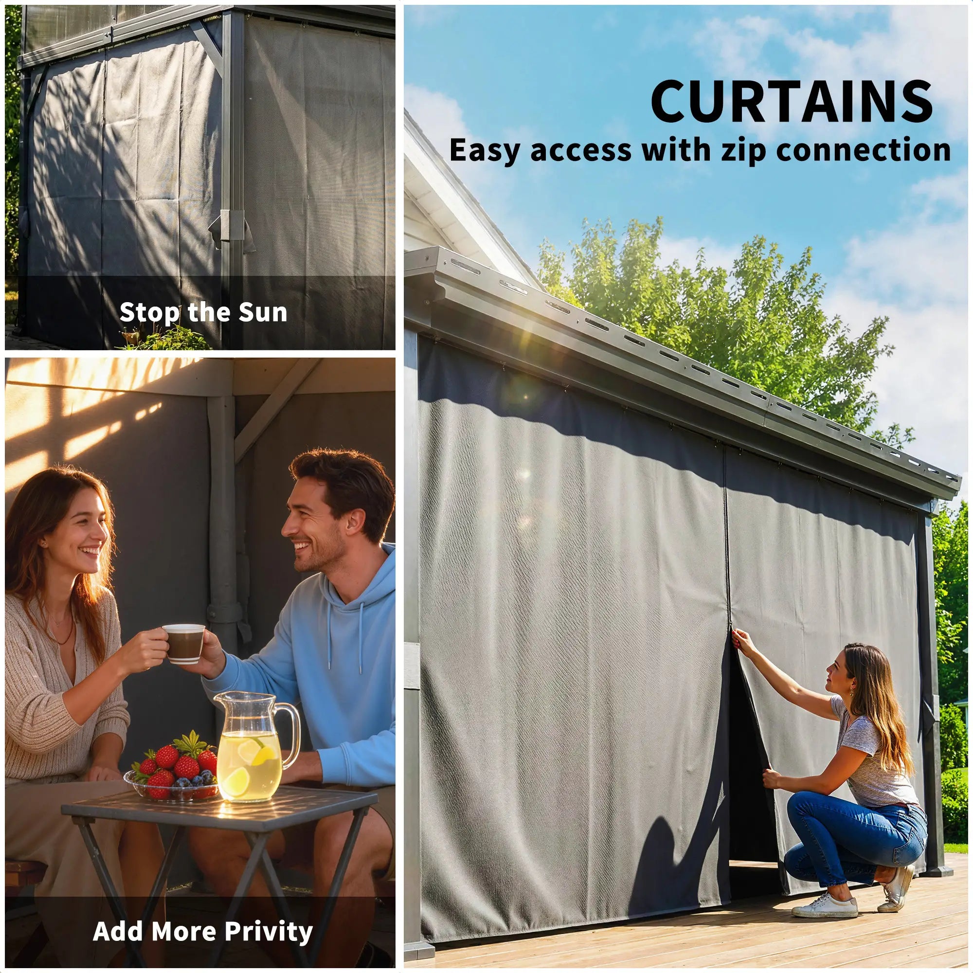 4.3m x 3m Lean-To Garden Pergola with Galvanised Steel Roof – Dark Grey Patio Gazebo with Netting Curtains for All-Weather Outdoor Living