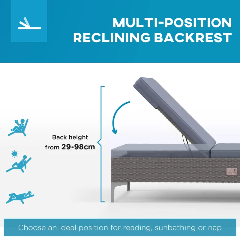 Dark Grey Rattan Sun Lounger with Adjustable Backrest & Washable Cushion for Patio & Garden