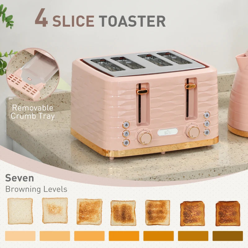 Light Pink 3000W Kettle & 4 Slice Toaster Set - 1.7L Capacity, 7 Browning Controls, Easy Clean Crumb Tray