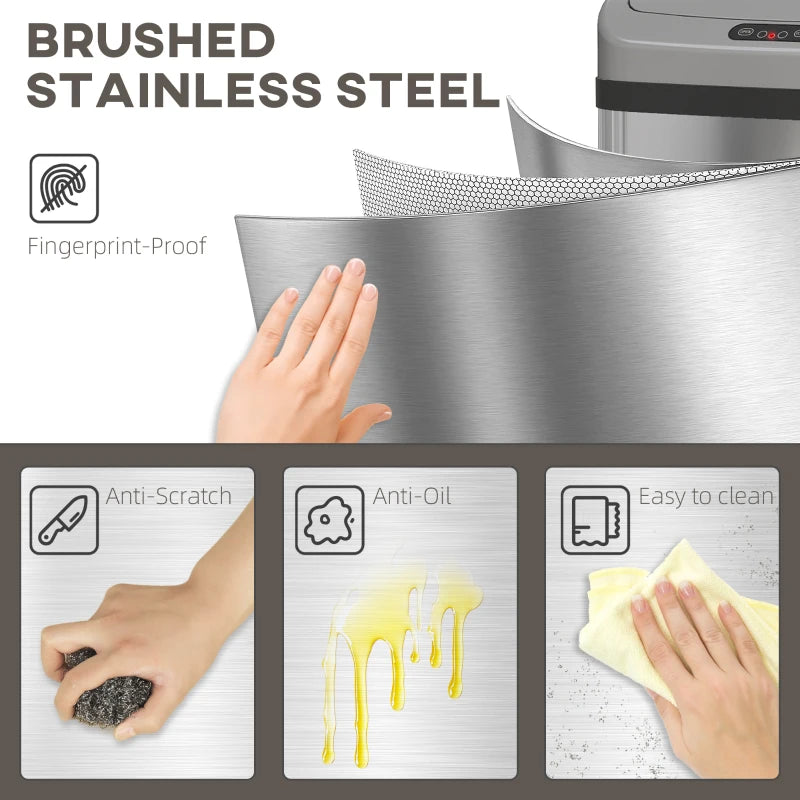 48L Stainless Steel Touchless Sensor Trash Bin Silver Tone