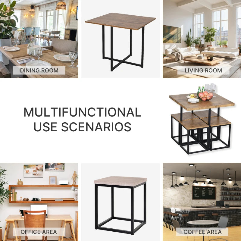 5-Piece Industrial Dining Table & Chairs Set - Space-Saving Metal Frame Square Kitchen Table & Stools - Brown Finish