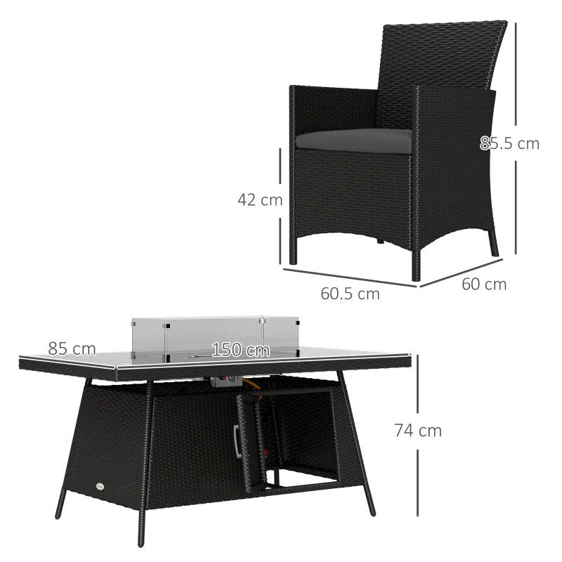 7-Piece Black Outdoor Rattan Garden Furniture Set with Fire Pit Table, 6-Seater Dining Set with Cushions and Propane Heater, 50,000 BTU