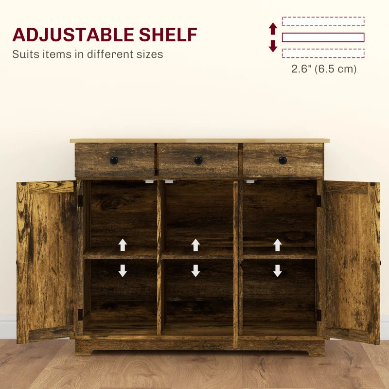 Rustic Brown Sideboard with Rubberwood Top & Adjustable Shelves - Perfect for Dining Room & Kitchen Storage