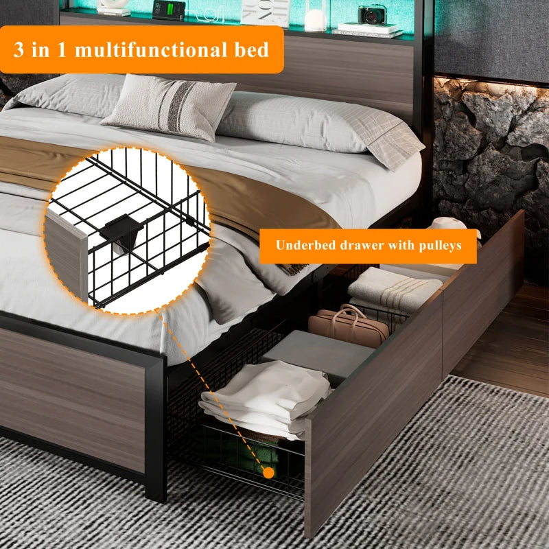 Metal Double Bed with LED Light Strip, 4 Drawers & 3 USB Ports - Stylish Gray Bedroom Furniture, 207x135.5x105 cm