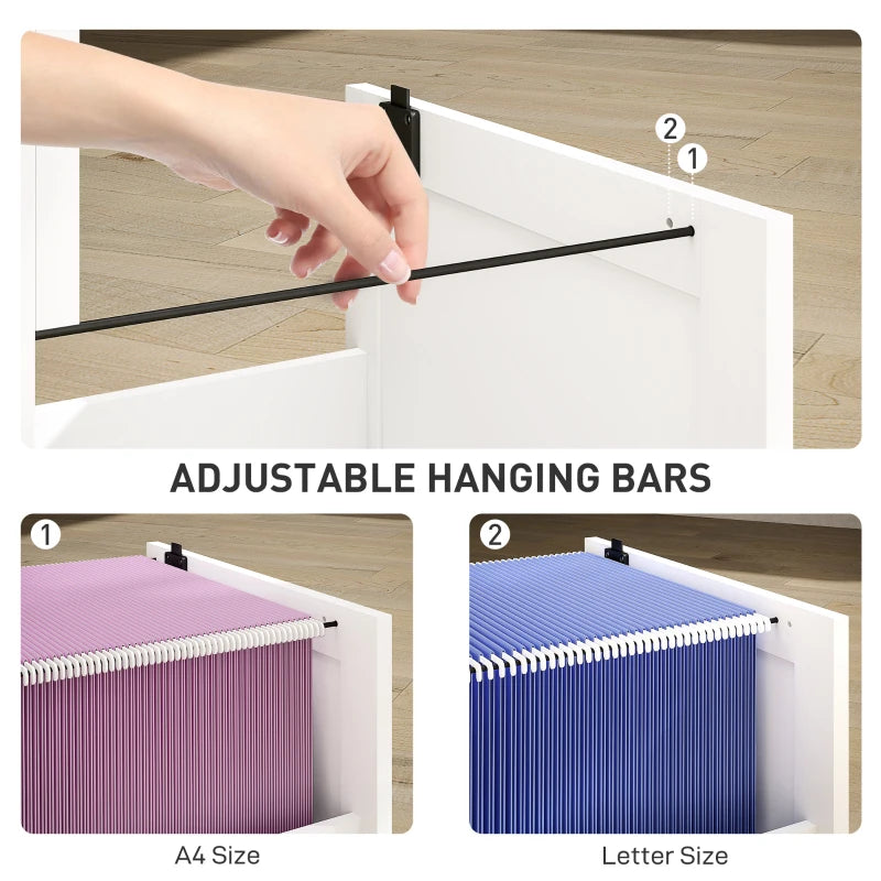 Secure 2 Drawer Filing Cabinet with Lock - Adjustable Hanging Bars for A4 Files - Stylish White Office Storage Solution