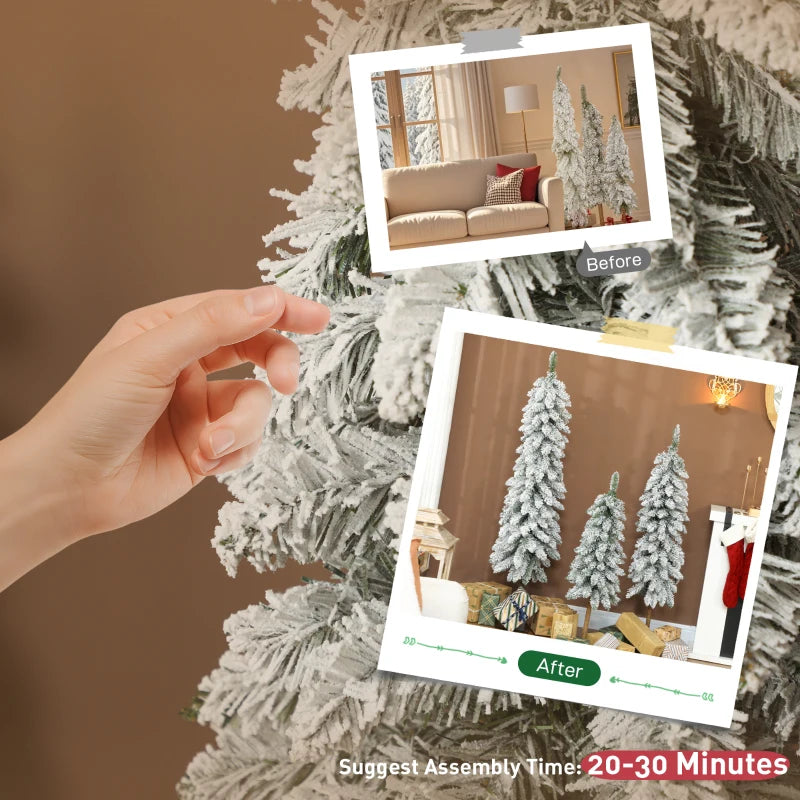 Set of 3 Flocked Pencil Christmas Trees - 3ft, 4ft, 5ft - Perfect Holiday Decor for Home & Office