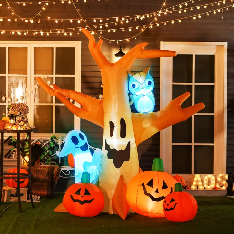 240cm Halloween Inflatable Tree with Ghost, 3 Pumpkins & Owl - Scary LED Holiday Decoration for Indoor & Outdoor
