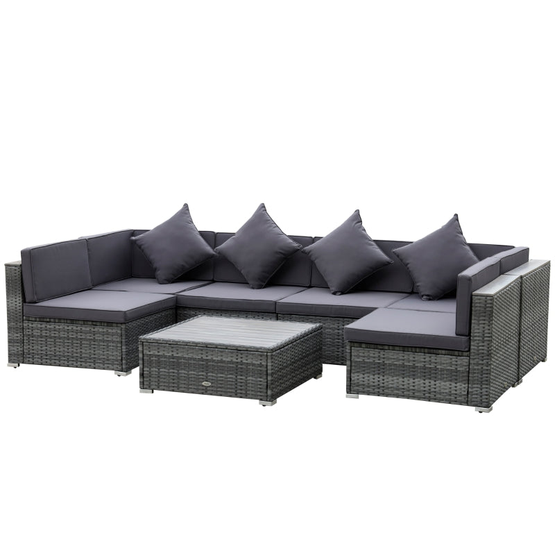 7-Piece Acacia Topped Patio Wicker Sofa Set: Stylish Outdoor Rattan Sectional with Cushions