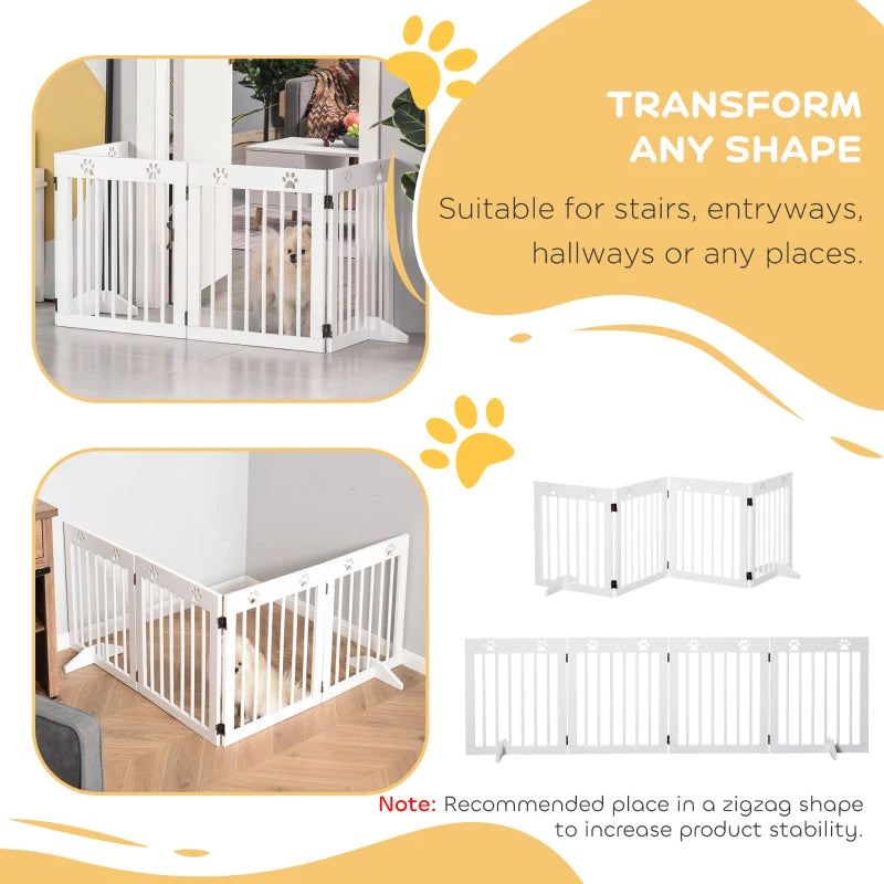 Freestanding 4-Panel Wooden Pet Gate - Folding Dog Barrier Safety Fence, 204cm Long, 61cm Tall for Doorways & Stairs - White